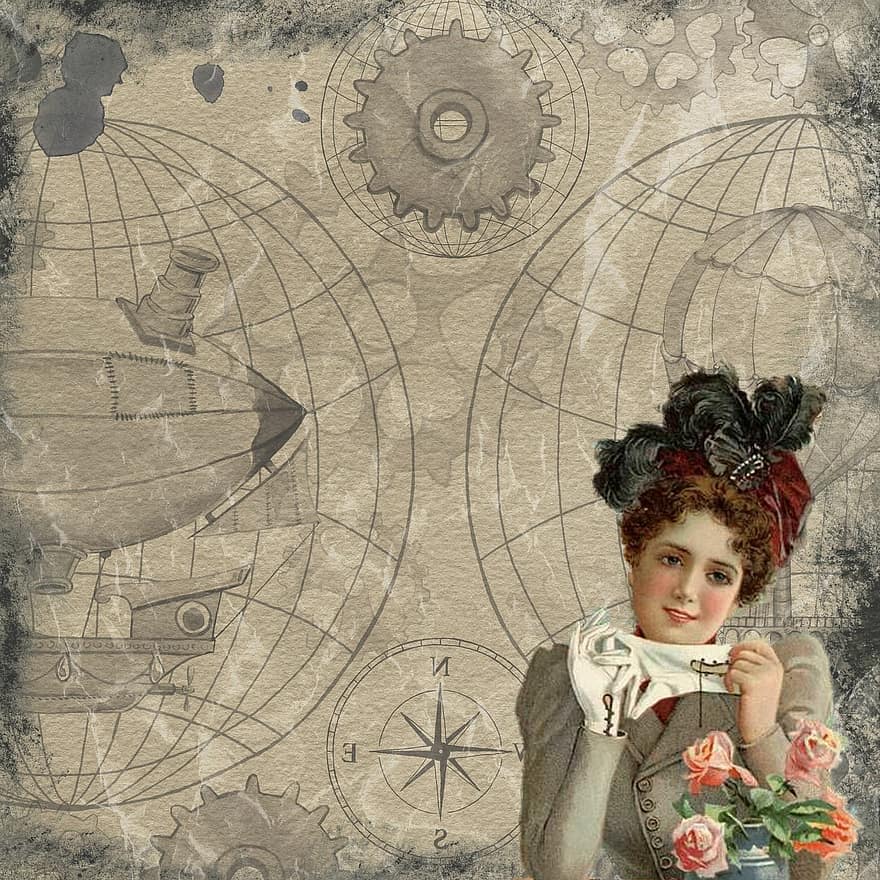 Background, Vintage, Victorian, Girl, Woman, Antique, Page, Scrapbook, Pink, Collage, Portrait