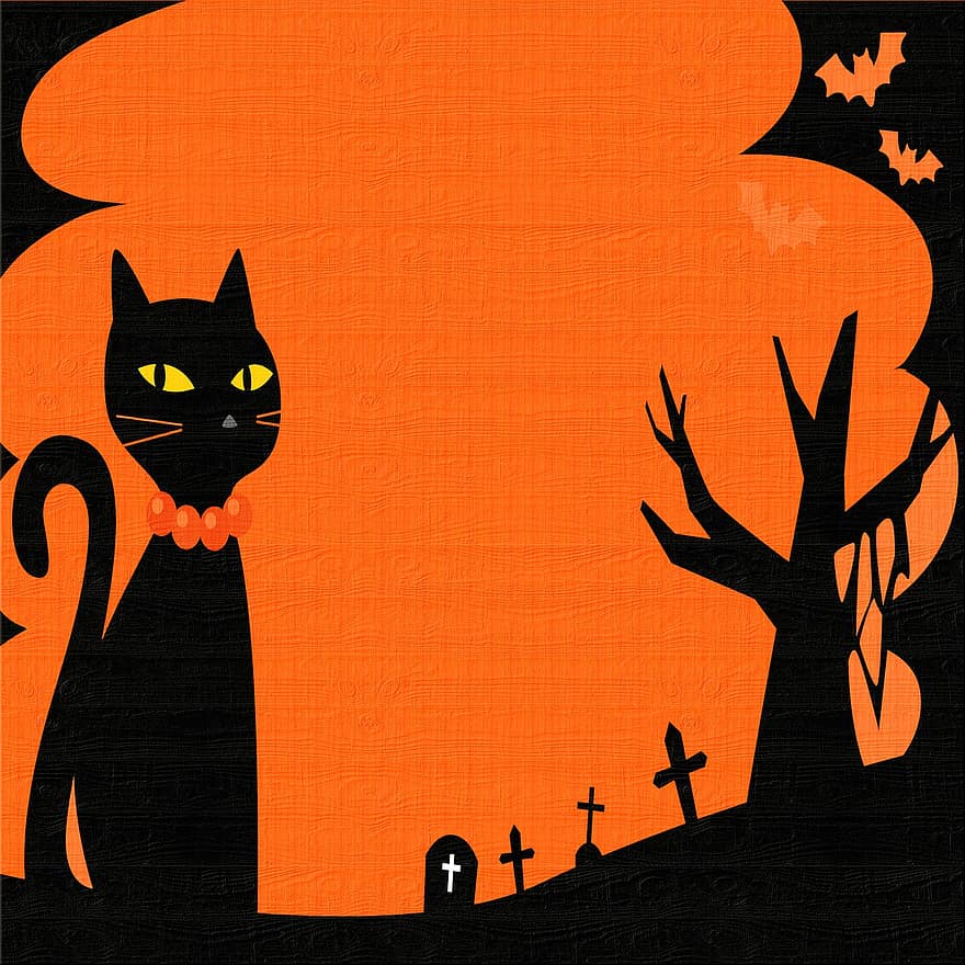 Хэллоуин фон, черный кот, кладбище, летучие мыши, дерево, кошка, Хэллоуин, страшно, суеверие, осень, день отдыха