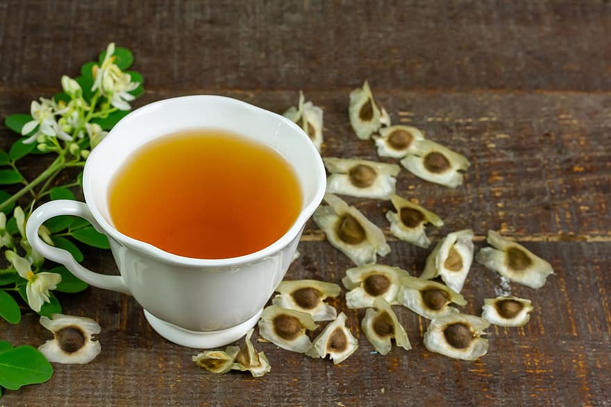 thé aux herbes, thé, Thé Moringa, boisson chaude, Moringa oleifera, fermer, bois, table, fraîcheur, aliments, arrière-plans