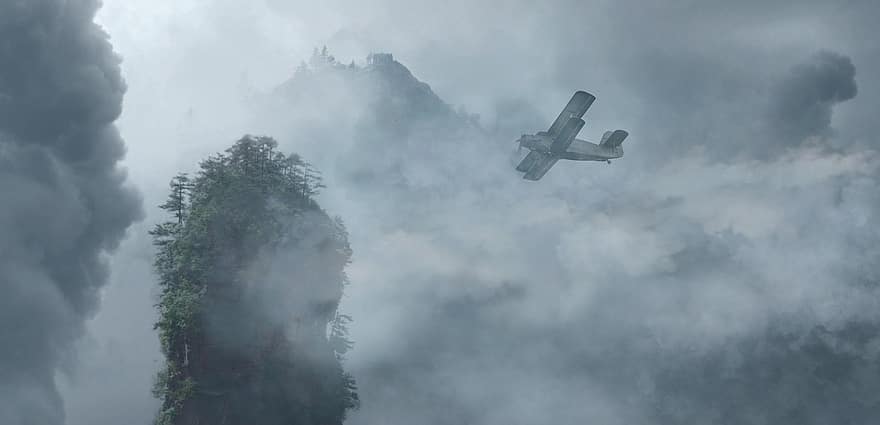 aeronave, névoa, montanhas, avião, aviação, viagem, transporte, vôo, nuvem, céu, veículo aéreo
