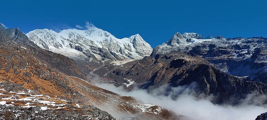 βουνά, κορυφή, ομίχλη, χιόνι, οροσειρά, τοπίο, φύση, Ιμαλάια, sikkim