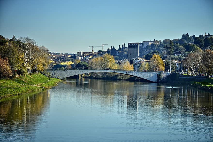 река, городок, Тоскана, Флоренция, мост, город, Италия, известное место, архитектура, воды, городской пейзаж