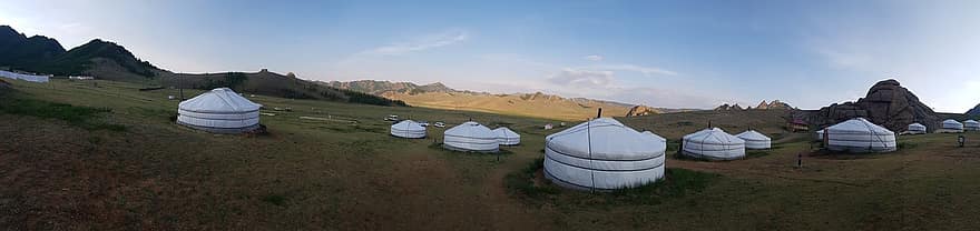 Desierto, viaje, turismo, Mongolia, panorama, tienda, montaña, paisaje, verano, escena rural, yurta