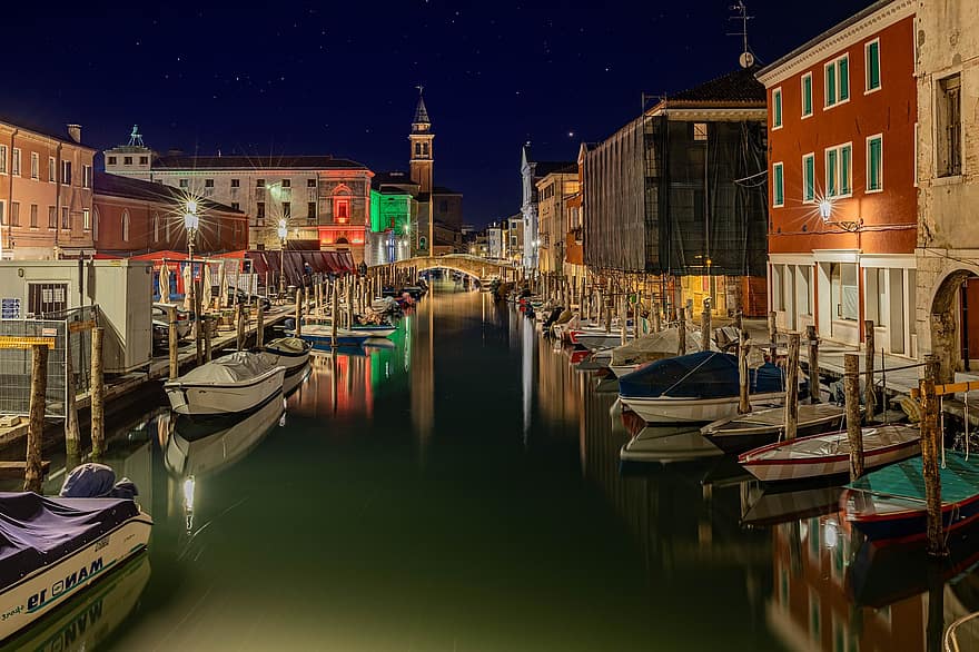 Boats, Canal, Buildings, Docks, Night, Evening, City, Urban, Lights, River, nautical vessel