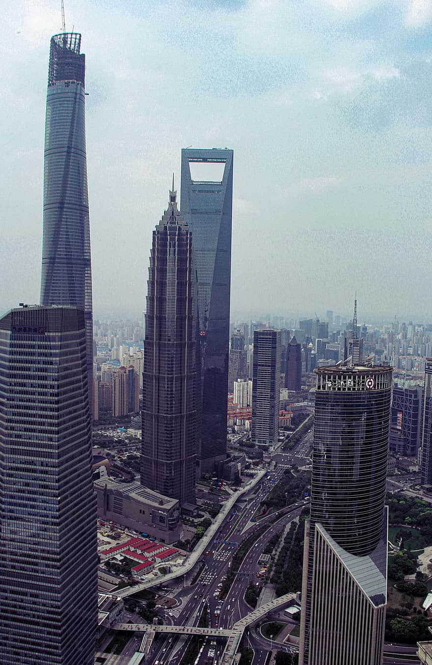 tornyok, épületek, város, felhőkarcoló, magas épületek, városi, belváros, városkép, a köteg, shanghai