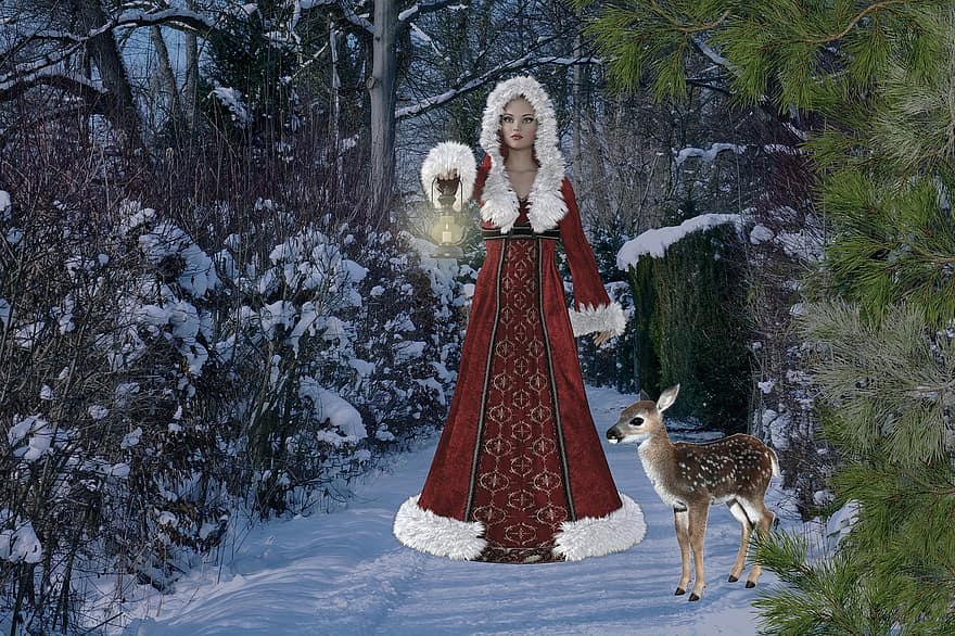 jul, fantasi, vinter, rød, trær, fotomontasje, pike, kvinner, hjort, lykt