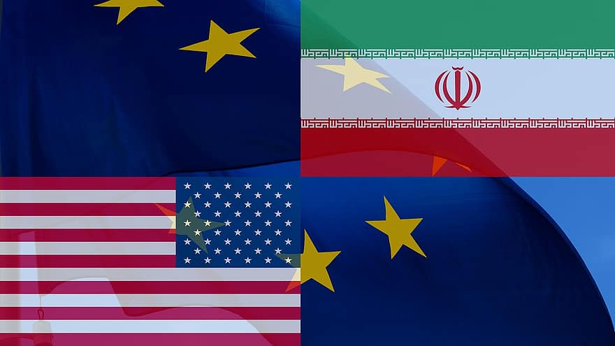 Iran, USA, Europa, flagi, polityka, konfrontacja