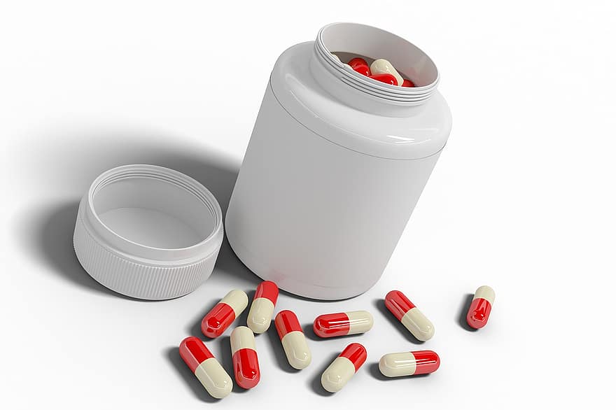 burk, flaska, medicin, plastlådor, objekt på en vit bakgrund, kapslar, tabletter
