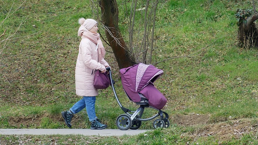 mulher, mãe, o carrinho, bebê, caminhar, beco, parque, inverno, criança, família, infância