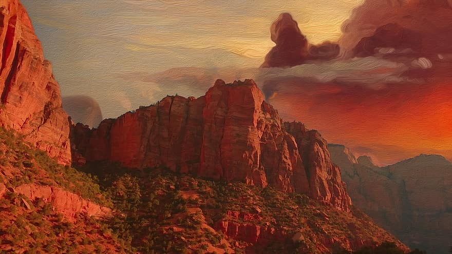 parque nacional zion, Utah, formaciones rocosas, montañas, paisaje, naturaleza, parque Nacional, puesta de sol, cielo Rojo, pintura, nubes