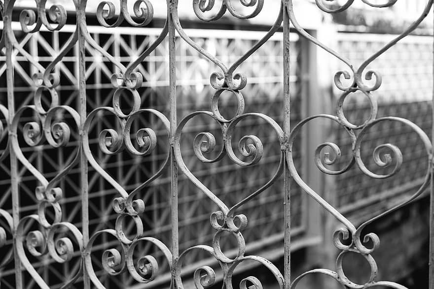 граница, ограда, желязо, символ, сърце, изкуство, дизайн, монохромен, метал, цвете, кадър