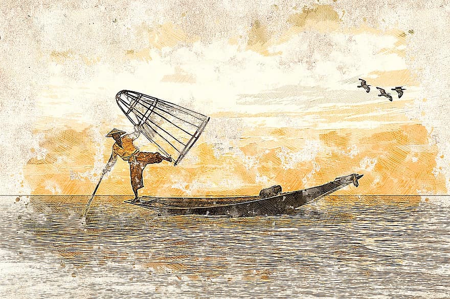 nelayan, pria, orang, perahu Memancing, boot, ikan, laut, air, danau, jaring ikan, burung camar
