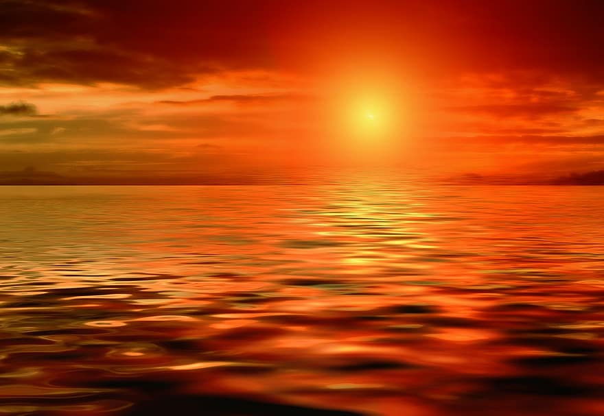 日没、光、ミラーリング、太陽、水、湖、海