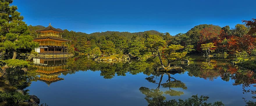 kinkaku-ji, Japāna, templis, japāņu dārzs, raksturs, fona, rudenī, pārdomas, koks, ainavu, ūdens