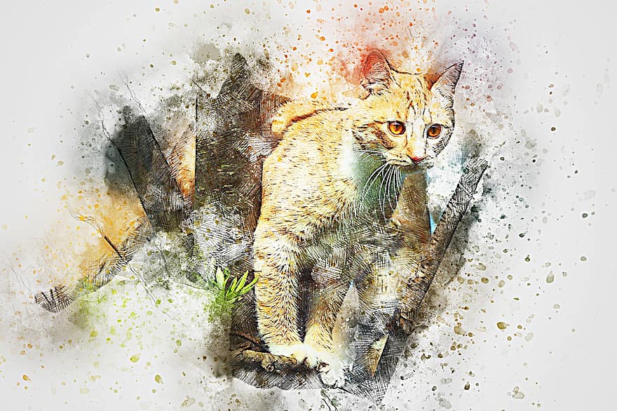 кішка, дерево, домашня тварина, мистецтво, реферат, акварель, Вінтаж, тварина, барвисті, кошеня, футболка