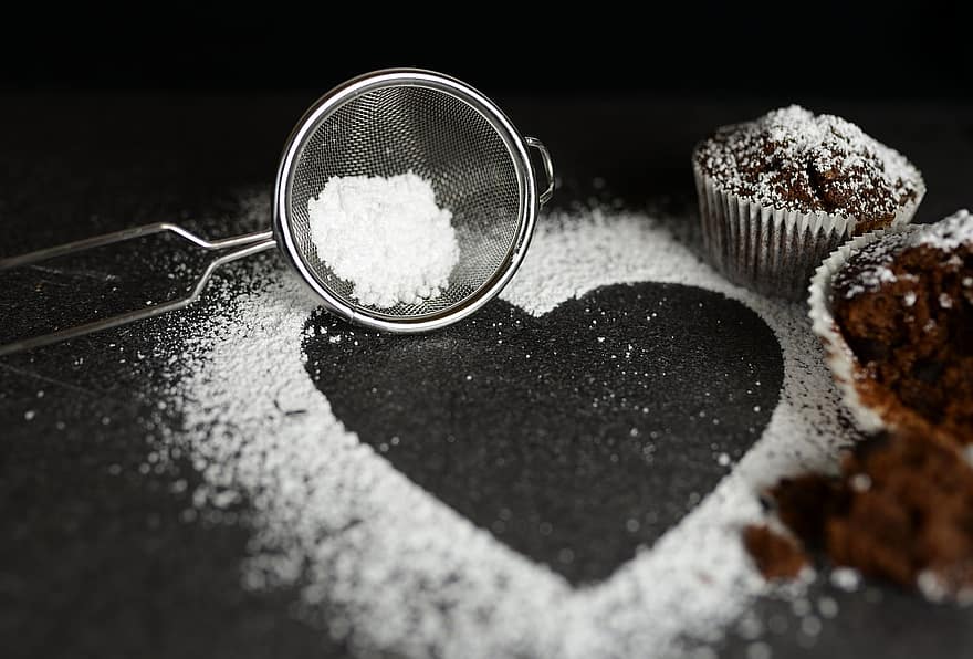 práškového cukru, muffiny, síto, prosít, cukr, srdce, pečení, pečivo, jídlo, detail, sladké jídlo