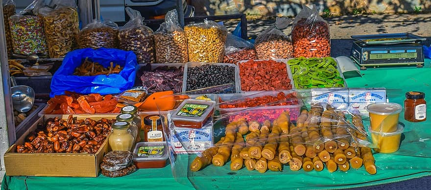 katukauppa, paikallisia tuotteita, Kypros, mausteet, vaihtelu, ruoka, viljelmät, tuoreus, myynti, monivärinen, lajike