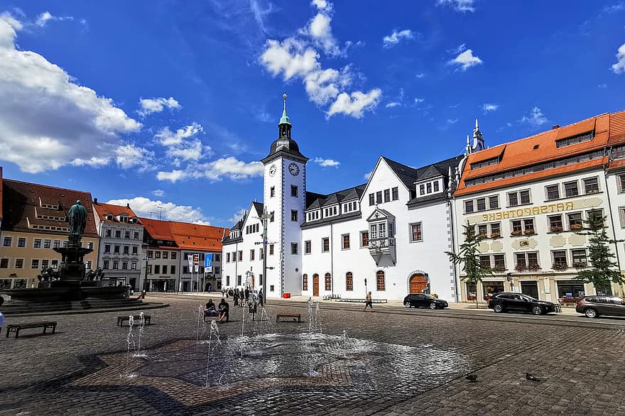 フライベルク、町役場、平方、アッパーマーケット、旧市街、Otto Der Reiche、彫刻、噴水、シティ、市場、中央ザクセン
