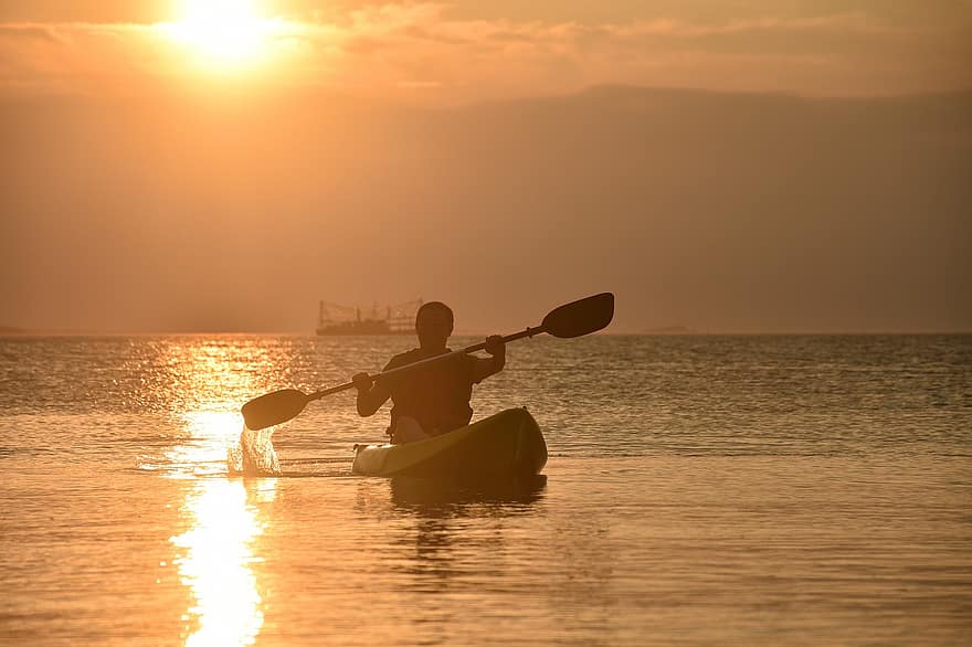 kayak, tramonto, lago, mare, oceano, crepuscolo, remo, uomini, canoa, nave nautica, acqua