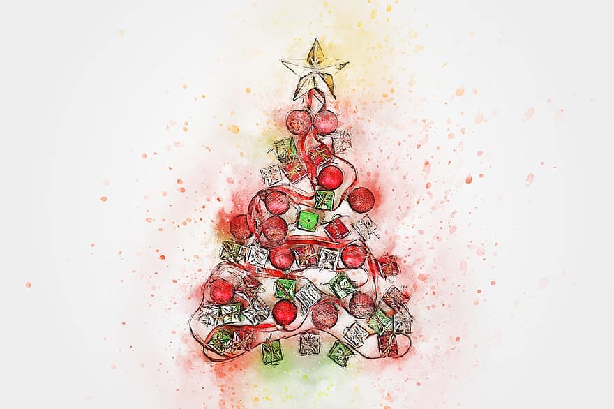 Vánoce, jedle, dar, umění, abstraktní, vodové barvy, vinobraní, barvitý, tričko, umělecký, design