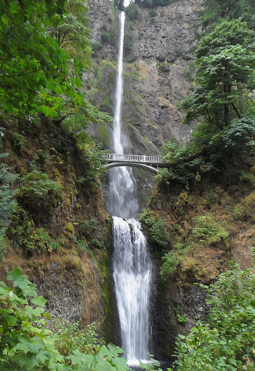 водопад, лес, Орегон, Мултнома, природа, пейзаж, деревья