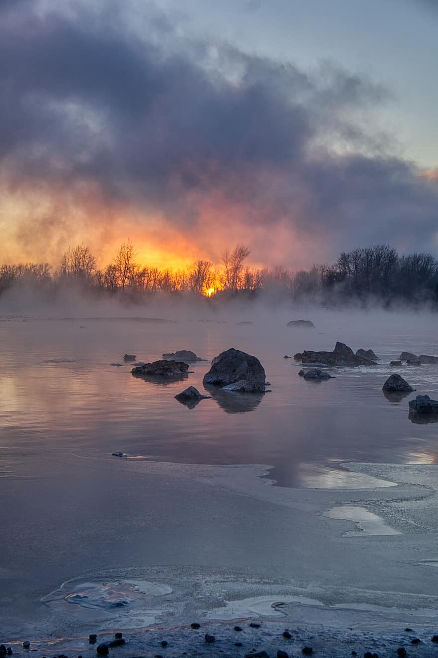 riu, posta de sol, hivern, vespre, crepuscle, naturalesa, a l'aire lliure, boira, siberia, Rússia, gel
