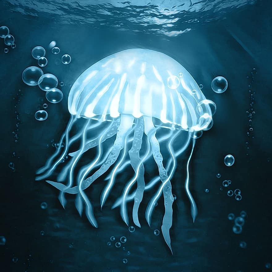 medusa, embaixo da agua, oceano, mar, criatura, brilhando, tentáculos, marinho, animal, natureza, aquário