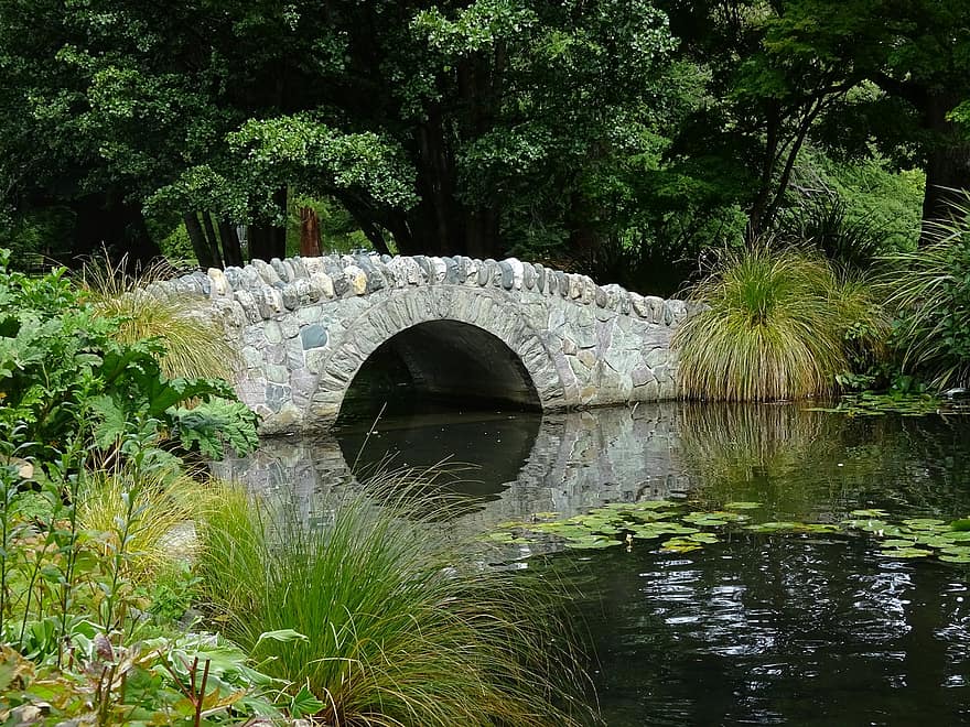 пруд, сад, природа, мост, парк