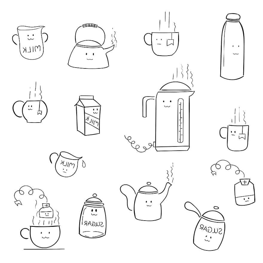 напої, прилад, каракулі, чай, кава, молоко, цукор, чайник, горщик, чашка, колба