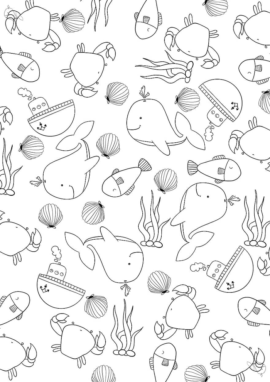 해양 동물, 무늬, 착색 페이지, 고래, 물고기, 대합, 조개, 게, 동물, 바다, 배