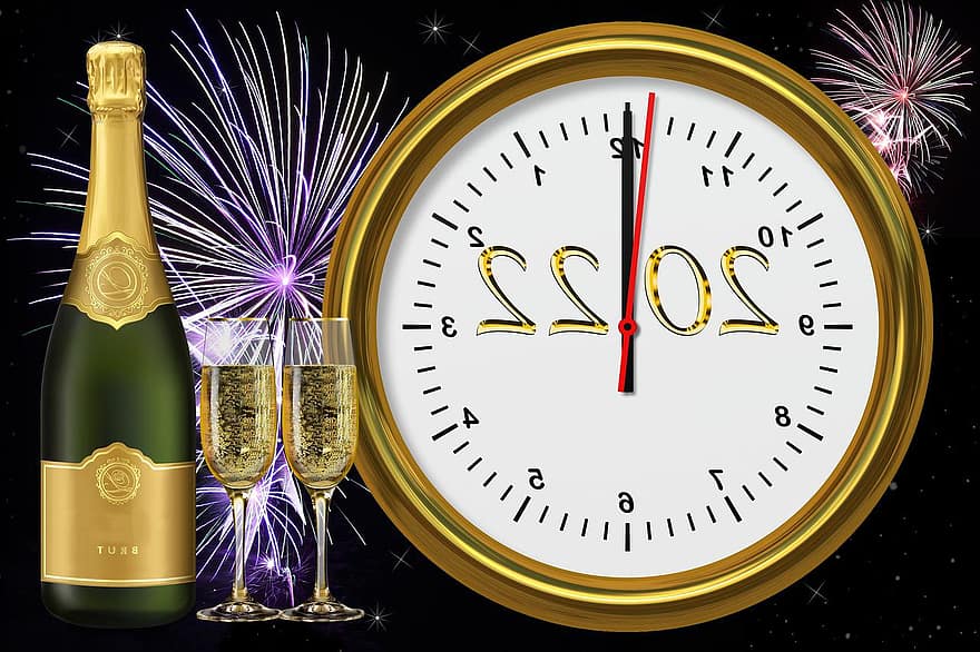 นาฬิกา, พรรค, แก้วแชมเปญ, วันปีใหม่, 2022, ไวน์อัดลม, ฉลอง, งานเฉลิมฉลอง, เที่ยงคืน, แชมเปญ, กลางคืน