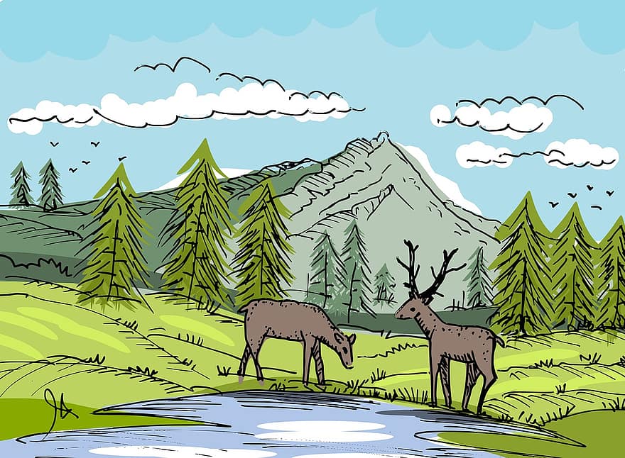 Mountains, Deer, Nature, Background, Landscape, River, Environment, Art, Forest, Scenario, mountain
