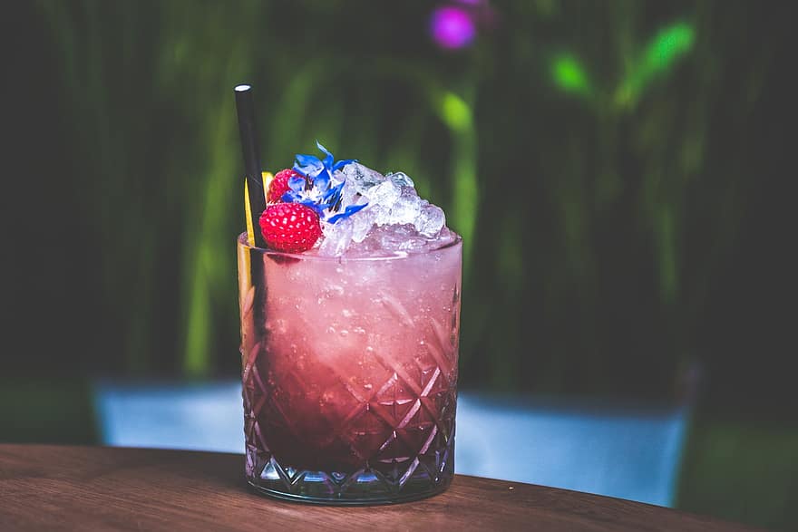 cocktail, glas, ijs-, framboos, bloem, drinken, alcohol, vers