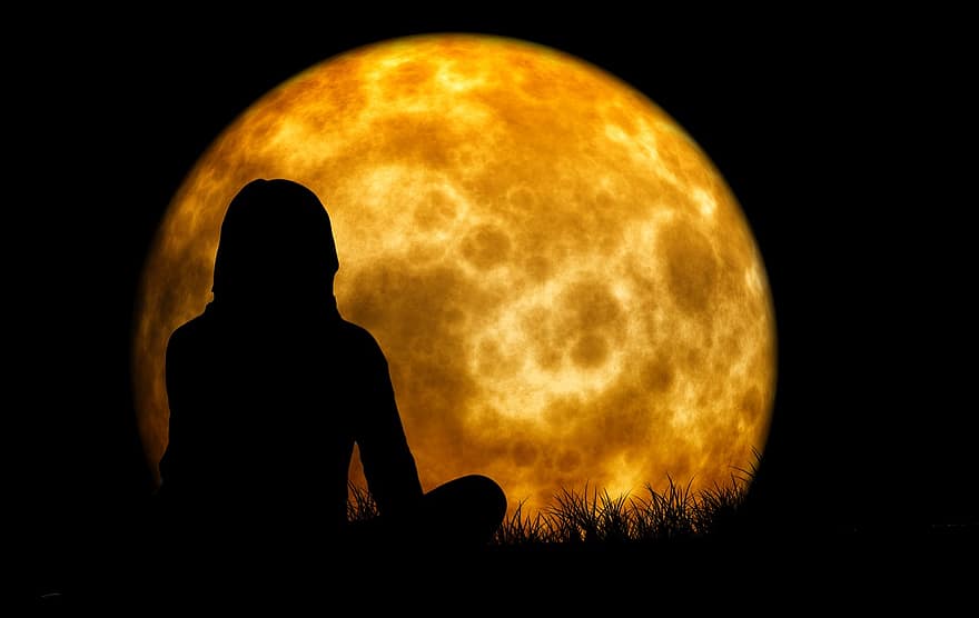 måne, kvinna, silhuett, meditation, visning, tror, tänkande, begrundande, träd, kahl, bakgrund