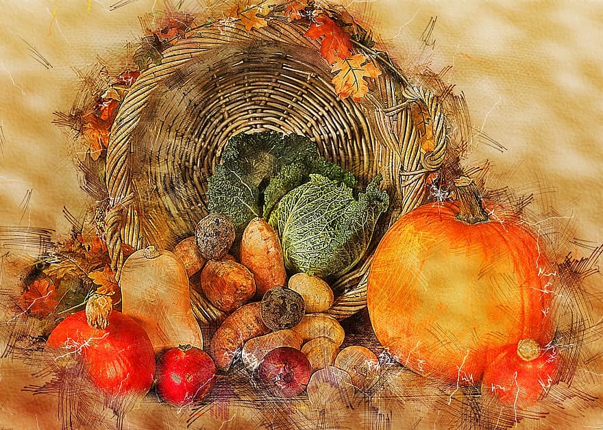 græskar, grøntsager, efterår, Thanksgiving kurv, taksigelse, kurv, oktober, savoy, kartoffel, farverig, veganer