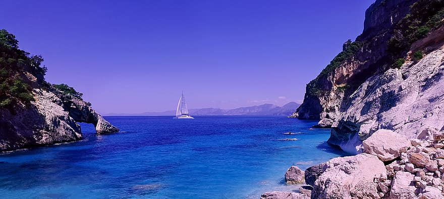 plajă, mare, barcă, Costa, roci, orizont, panoramic, peisaj, cer, natură