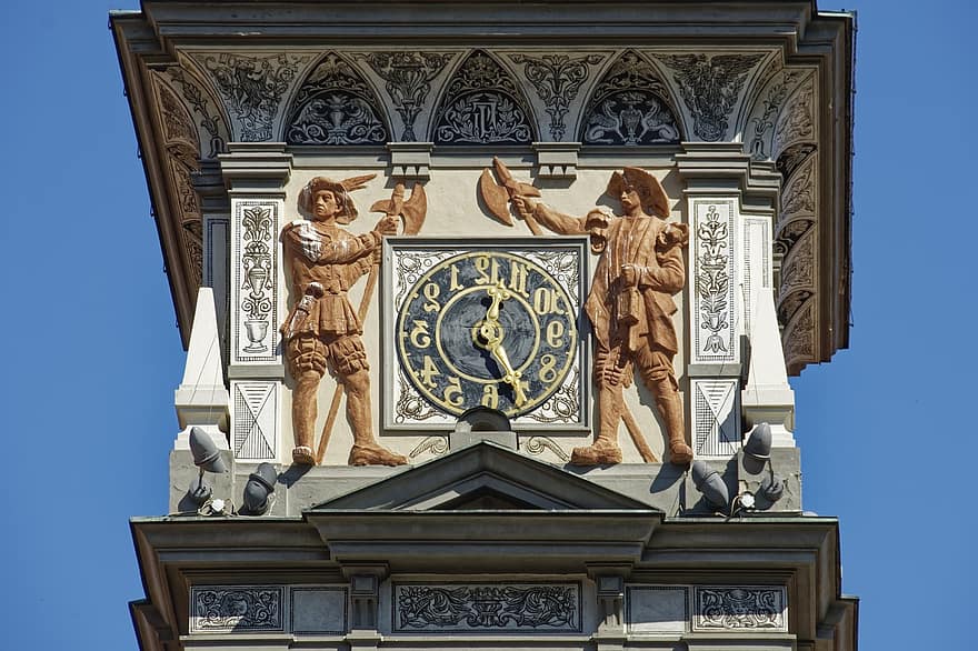 zegar, historyczny, zegar ratusza, Ratusz, postacie, posągi, architektura, znane miejsce, chrześcijaństwo, historia, na zewnątrz budynku