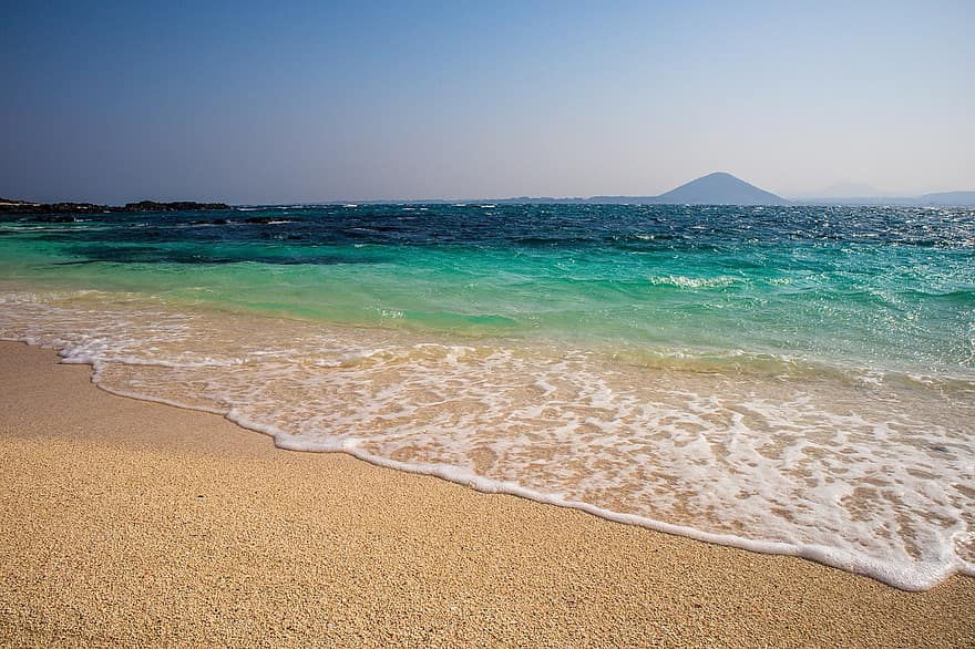 Jeju Island, strand, Sydkorea, hav, natur, sommar, sand, blå, våg, vatten, kustlinje