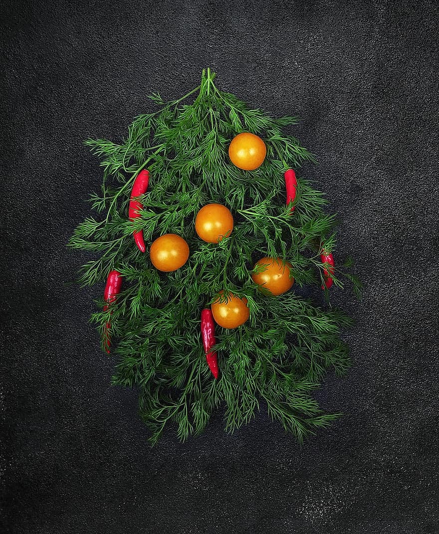 árvore de Natal, Comida, legumes, aneto, tomate cereja, tomates, Pimenta, cru, Ingredientes, Véspera de Ano Novo, enfeites