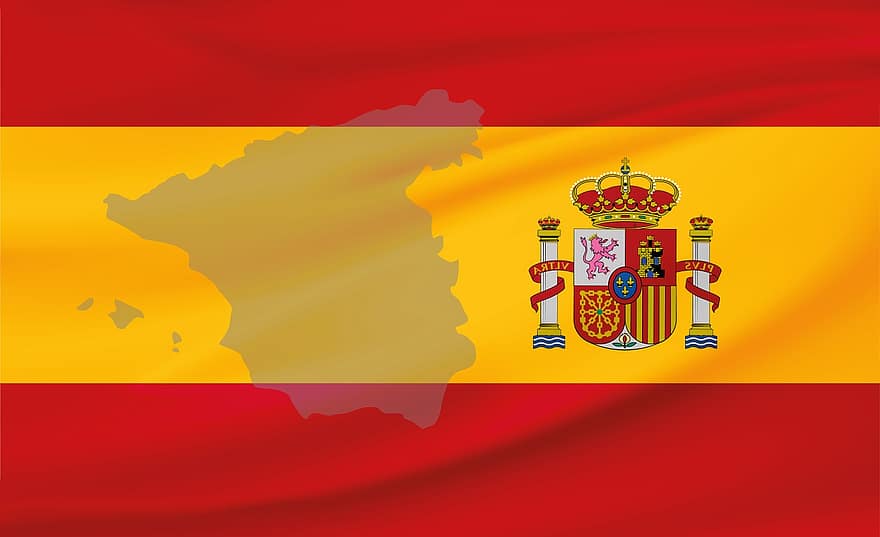 Spanje, vlag, banier, rood, goud, kroon, kaart