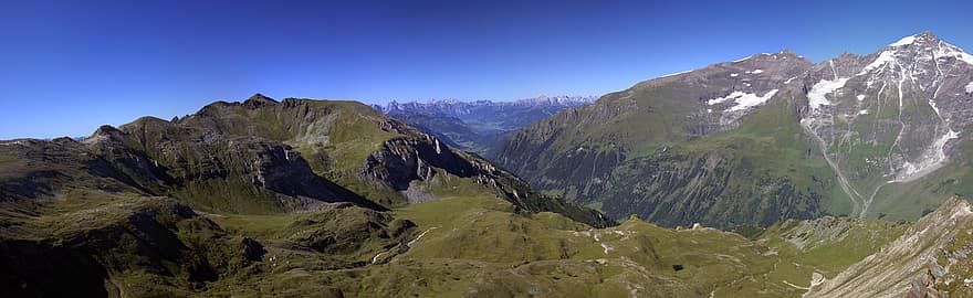 山岳、山のパノラマ、パノラマビュー、ホーヘタウエルン国立公園、グロースグロックナー山岳道路、Pinzgau、ザルツブルガーランド、オーストリア、山、山頂、風景