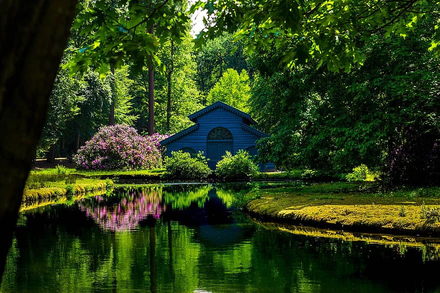 rumah perahu, pemandangan, alam, taman kastil, air, kolam, musim semi, taman, musim panas, pohon, warna hijau