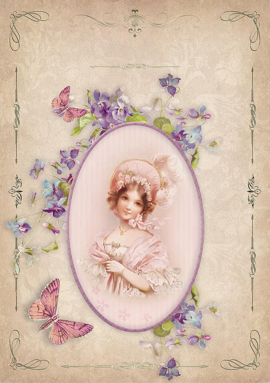 Frame, Girl, Ornament, Flowers, Butterflies, Vintage, Scrapbooking, Victorian, Pretty, Paper, Flower Frame