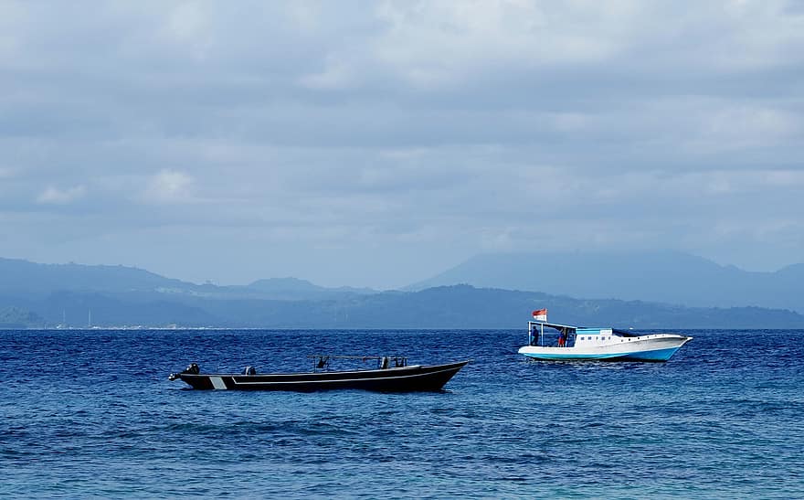 Boote, Ozean, Reise, Welle, Wasser, Natur, Berge, wolkig, Nord-Sulawesi