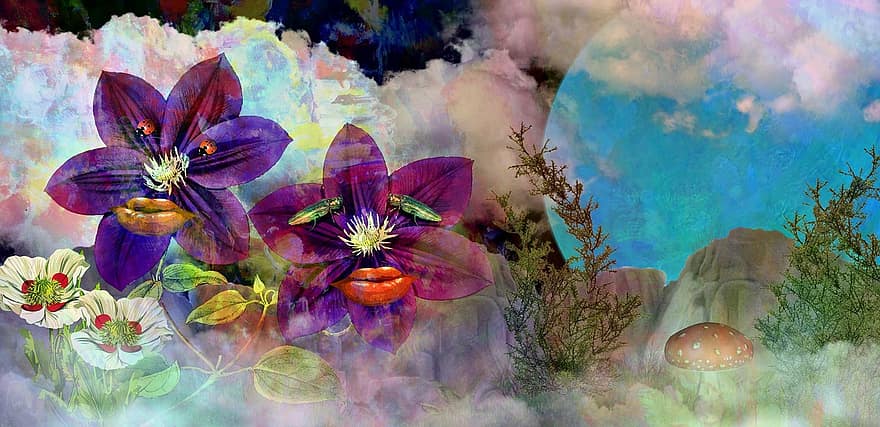 trippy, siurrealistinis, menas, gėlės, santrauka, keista, skiriasi, Ally White, menininkas, skaitmeninis, dizainas