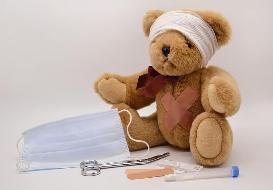 urso Teddy, cuidados de saúde, pediatra, eu vou, doença, mascarar, consertar, fornecem, conectar, dentição, Teste Corona