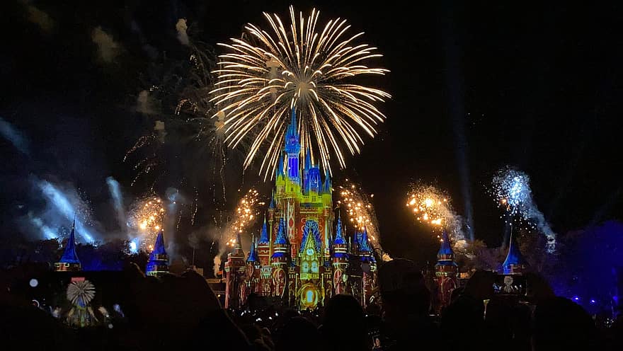 Disneyland, fajerwerki, zamek, disney, zamek w Disneylandzie, pokaz sztucznych ogni, Pokaz sztucznych ogni, pirotechnika