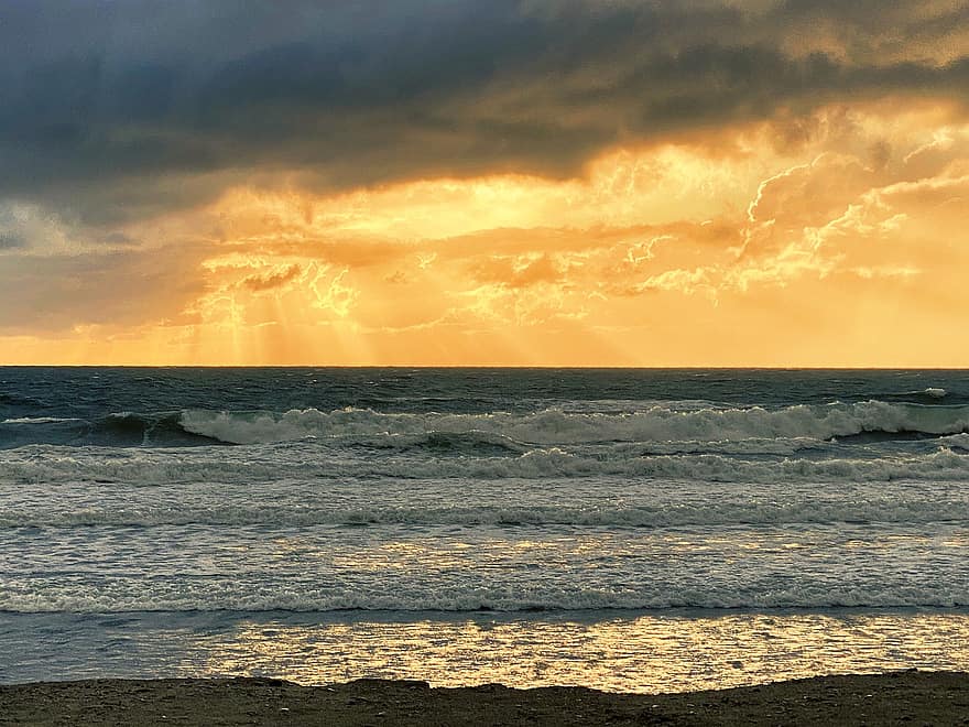oceano, de praia, por do sol, ondas, mar, céu, nuvens, panorama, vista panorâmica, crepúsculo