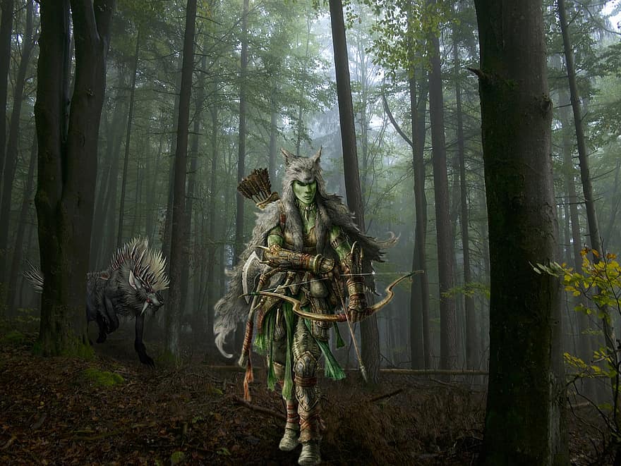 fons, boscos, Elf Archer, criatura, fantasia, personatge, art digital