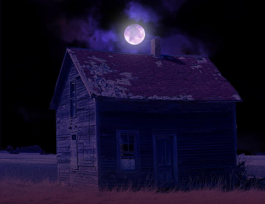 pastatas, namas, žolė, lauke, mėnulis, naktis